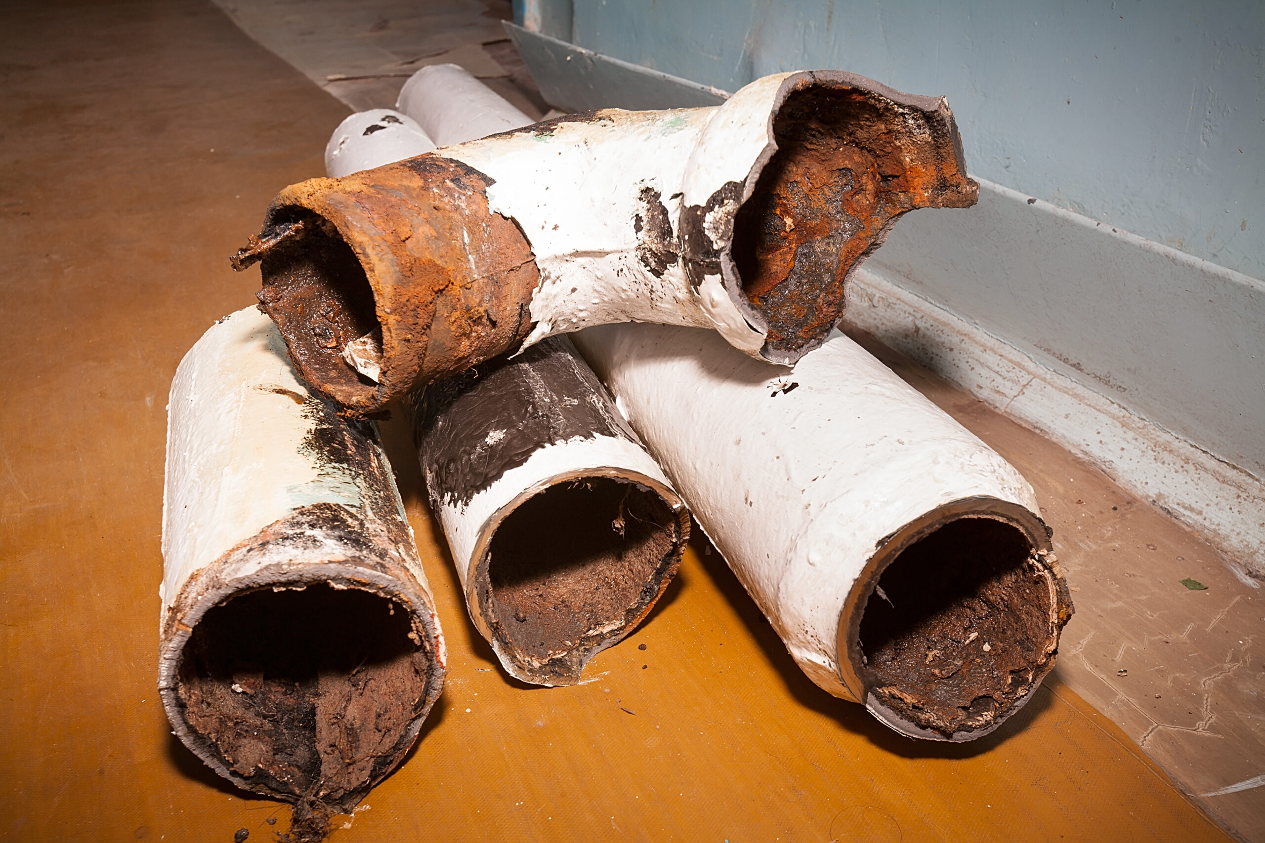 Fragments of an old pipe. Apartment in a multi-storey residential building in the city. Several pieces of piping are on the floor. Color photo
